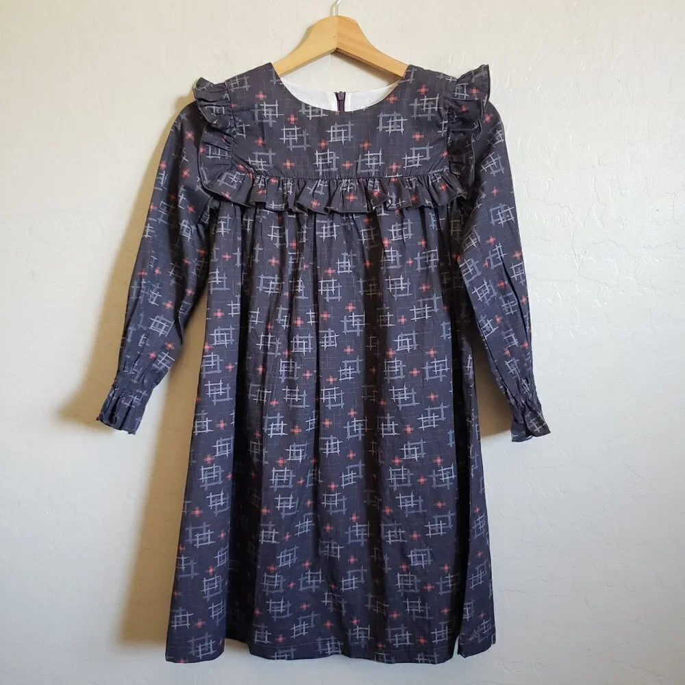 Wren & James Ruffle Bib Long Sleeve Cotton Shift Dress Navy Blue Sz Kids 10 NEW
